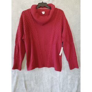 Chicos Sz 3 XL Sweater Red Cowl Neck Chunky Cable Office Casual Preppy New